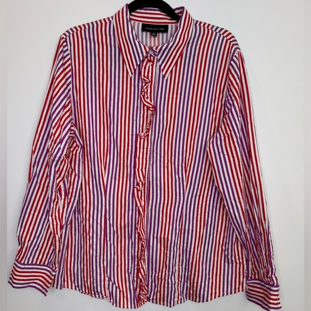 Jones New York fun Red and Purple Striped ruffle Button-Up Shirt size XL